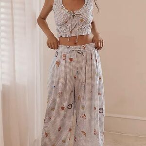 Anthropologie Blue Gingham Wide-Leg Lounge Pants & Top